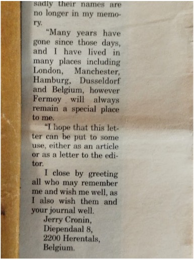 A handwritten letter from Jerry Cronin expressing fond memories of Fermoy and listing places where he has lived, including London and Manchester, with a closing greeting to those who remember him.