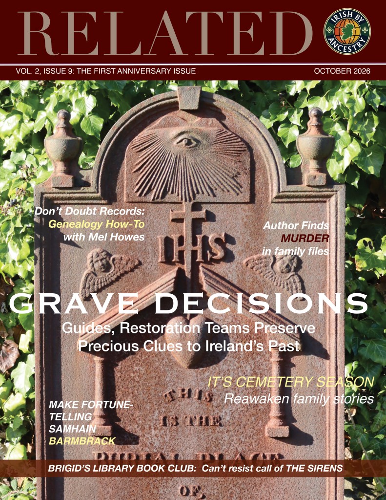 Cover of the magazine 'Relate', featuring the title 'Grave Decisions' and a background of a gravestone with intricate designs, alongside text about genealogy, cemetery season, and a library book club.